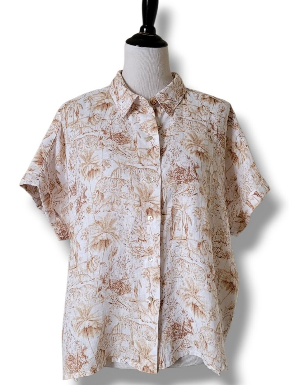 Rachel Zoe Crisp 100% Linen Boxy Short Sleeve Button Down Shirt XL Tigers Lions